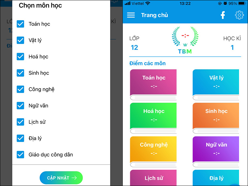 Giao diện ứng dụng Kết quả học tập học sinh